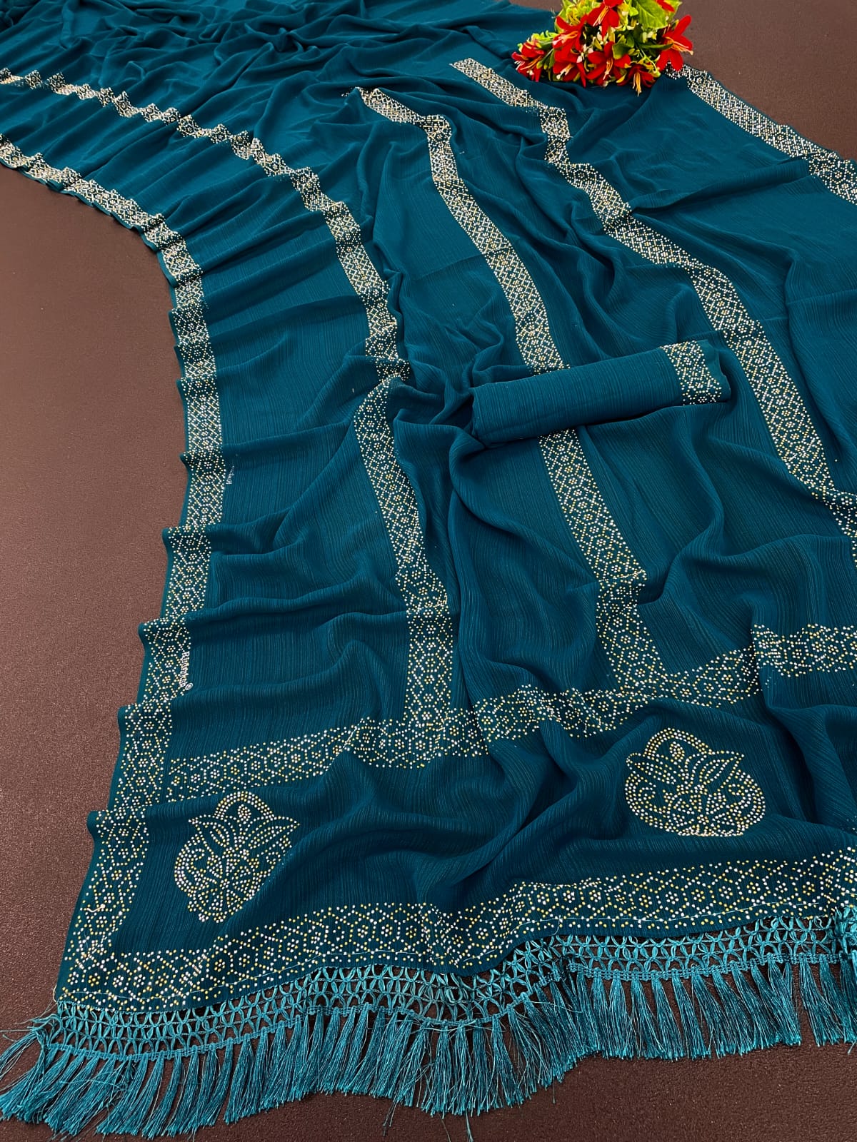 Glamorous Hot Fix Diamond Georgette Saree With Blouse And Jalar