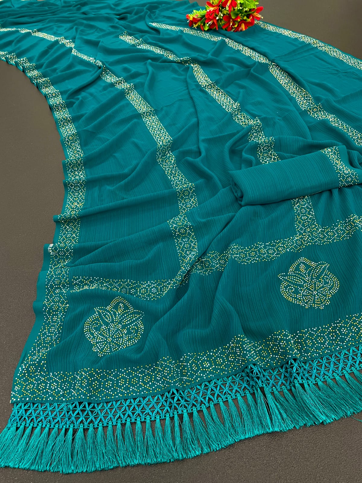 Glamorous Hot Fix Diamond Georgette Saree With Blouse And Jalar