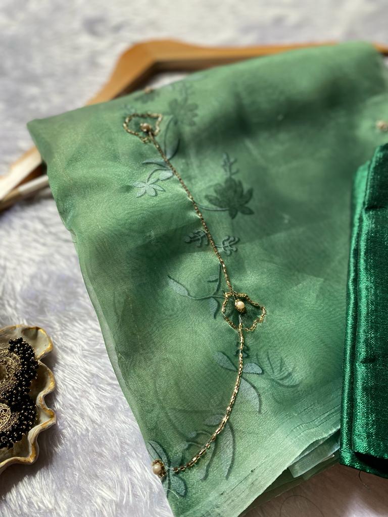 Soft Organza Silk Handwork Printed Beautiful Saree With Unstitched Satin Blouse