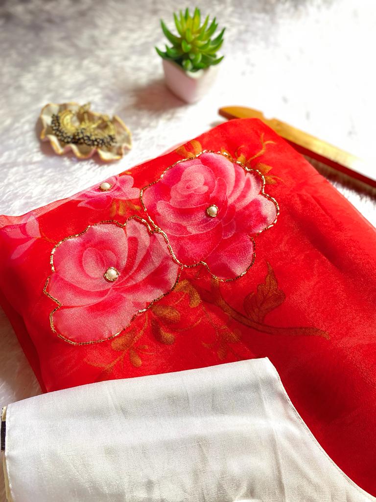 Soft Organza Silk Handwork Printed Beautiful Saree With Unstitched Satin Blouse