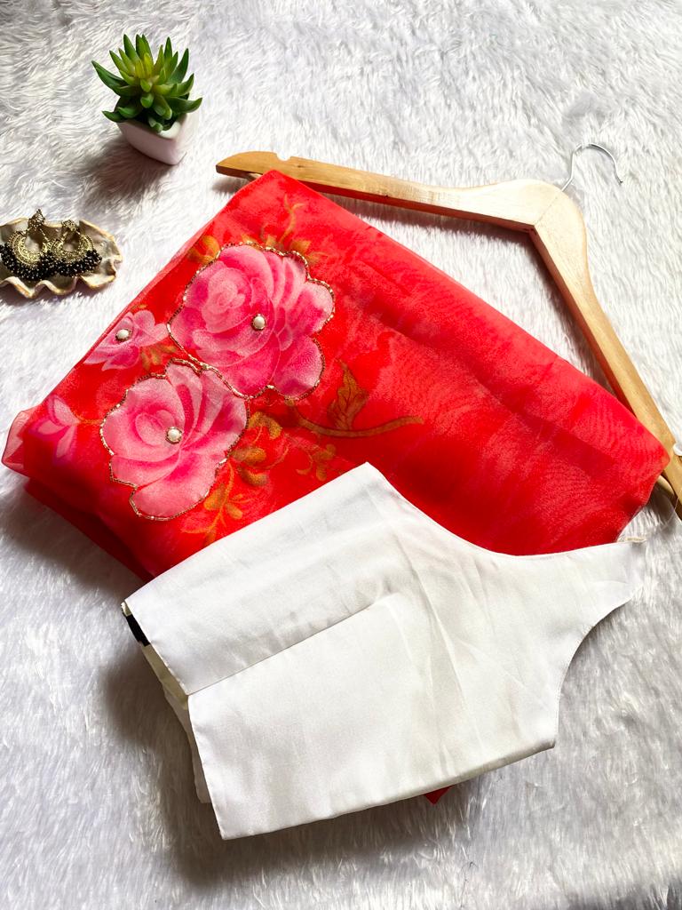 Soft Organza Silk Handwork Printed Beautiful Saree With Unstitched Satin Blouse