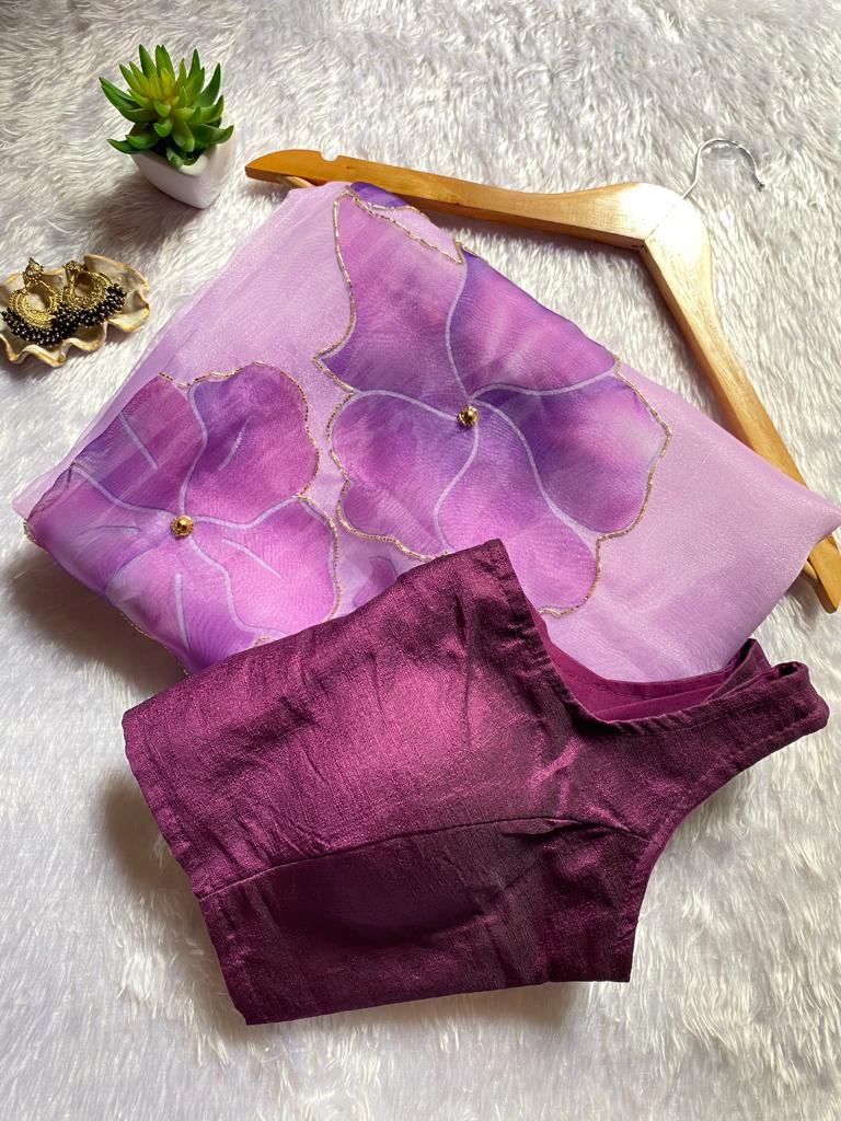 Soft Organza Silk Handwork Printed Beautiful Saree With Unstitched Satin Blouse