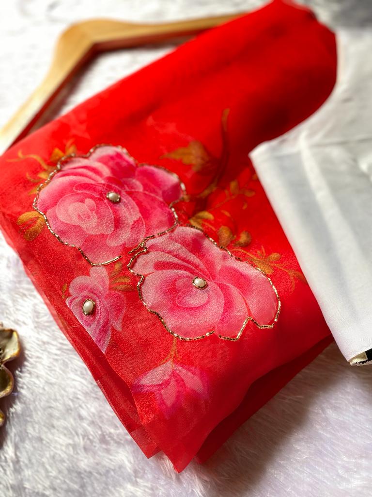 Soft Organza Silk Handwork Printed Beautiful Saree With Unstitched Satin Blouse