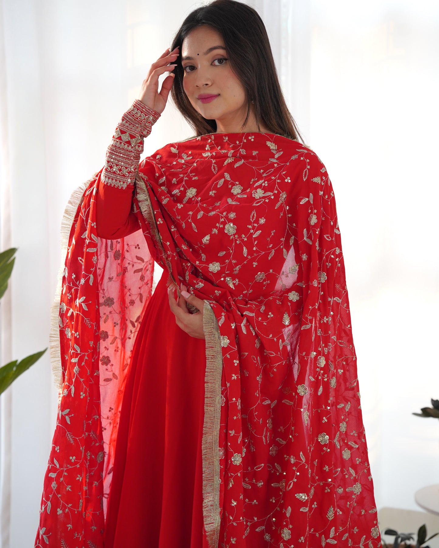 Wine Colour Full Stiched Georgette Party Wear Gown With Embroidery And Sequence Worked Designer Duppata