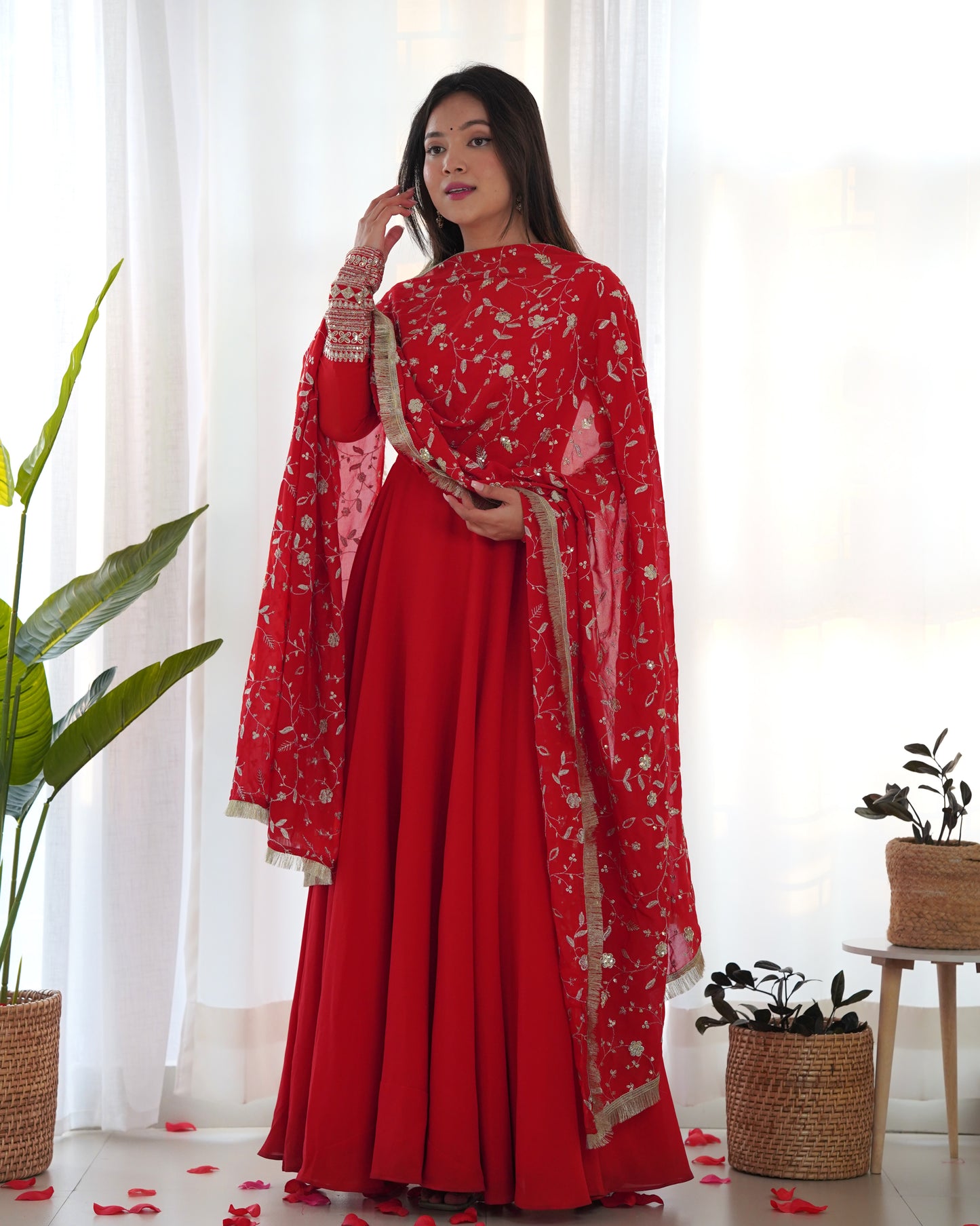 Wine Colour Full Stiched Georgette Party Wear Gown With Embroidery And Sequence Worked Designer Duppata