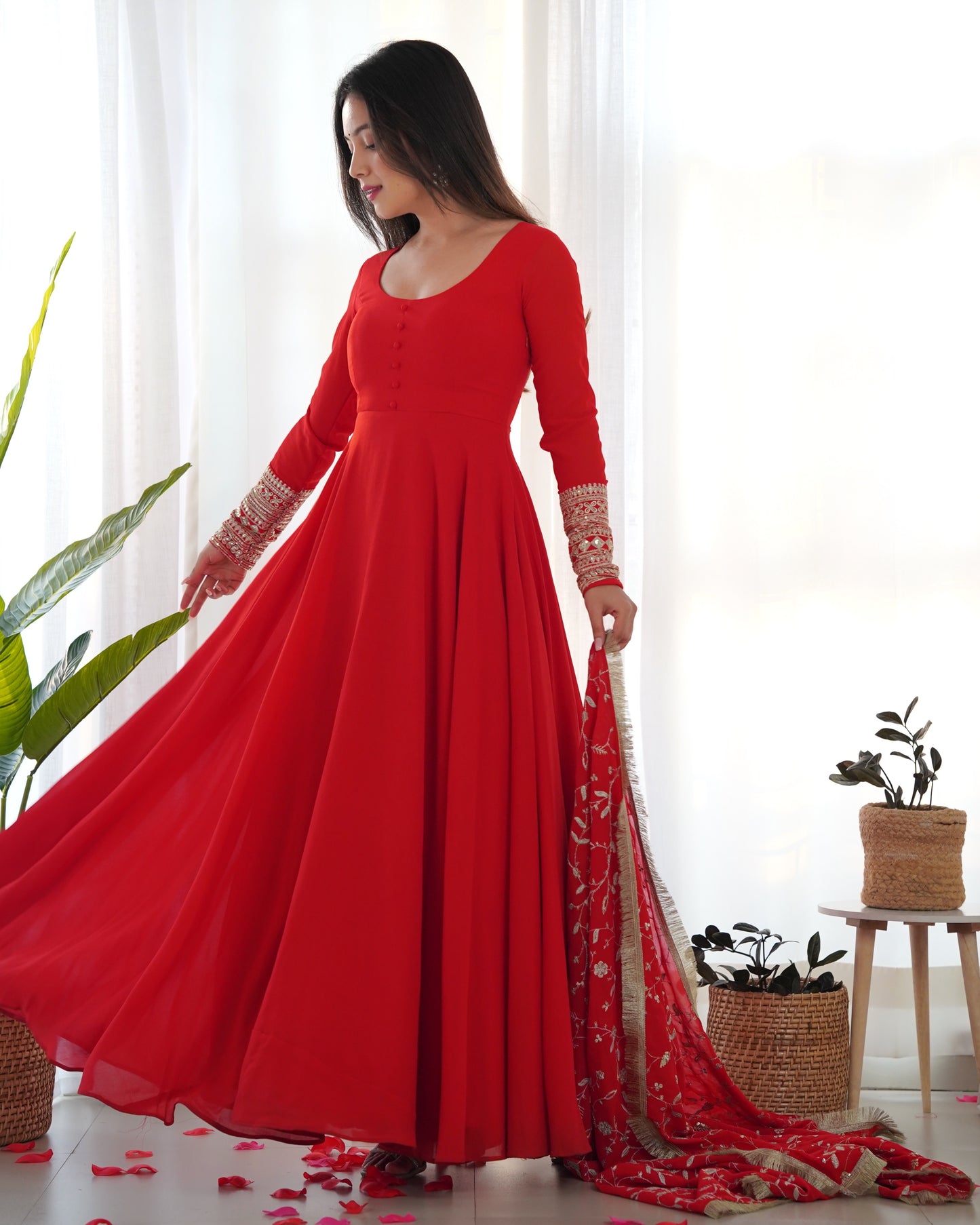 Wine Colour Full Stiched Georgette Party Wear Gown With Embroidery And Sequence Worked Designer Duppata