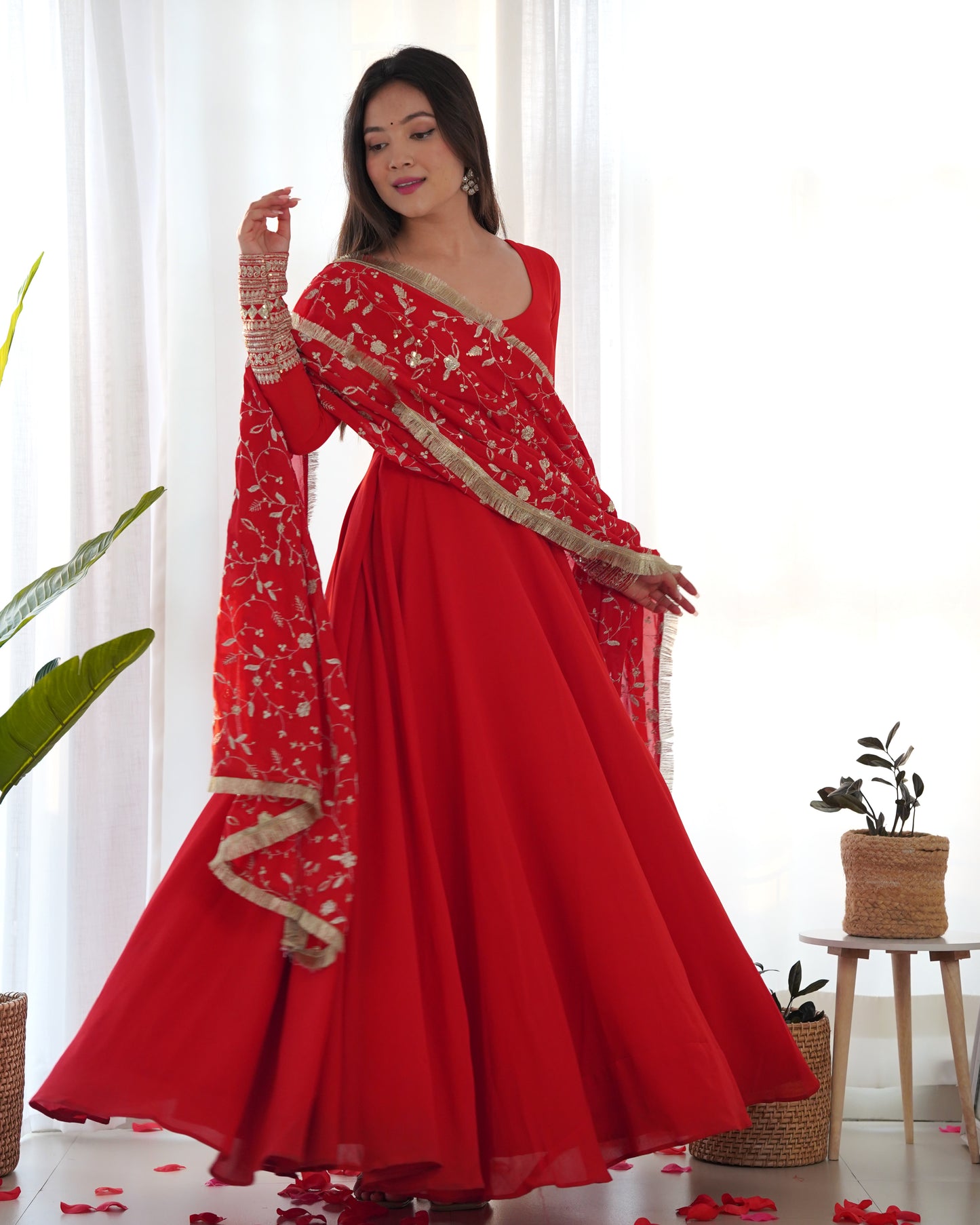 Wine Colour Full Stiched Georgette Party Wear Gown With Embroidery And Sequence Worked Designer Duppata