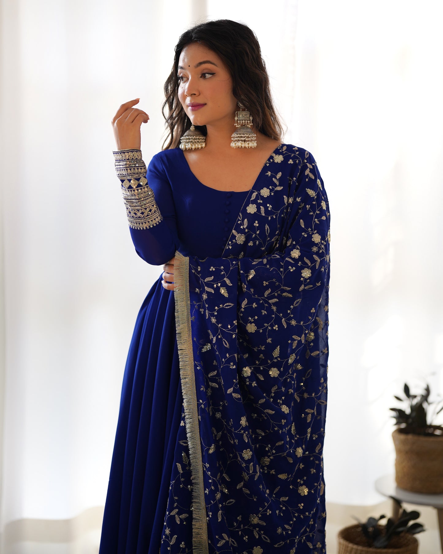 Wine Colour Full Stiched Georgette Party Wear Gown With Embroidery And Sequence Worked Designer Duppata