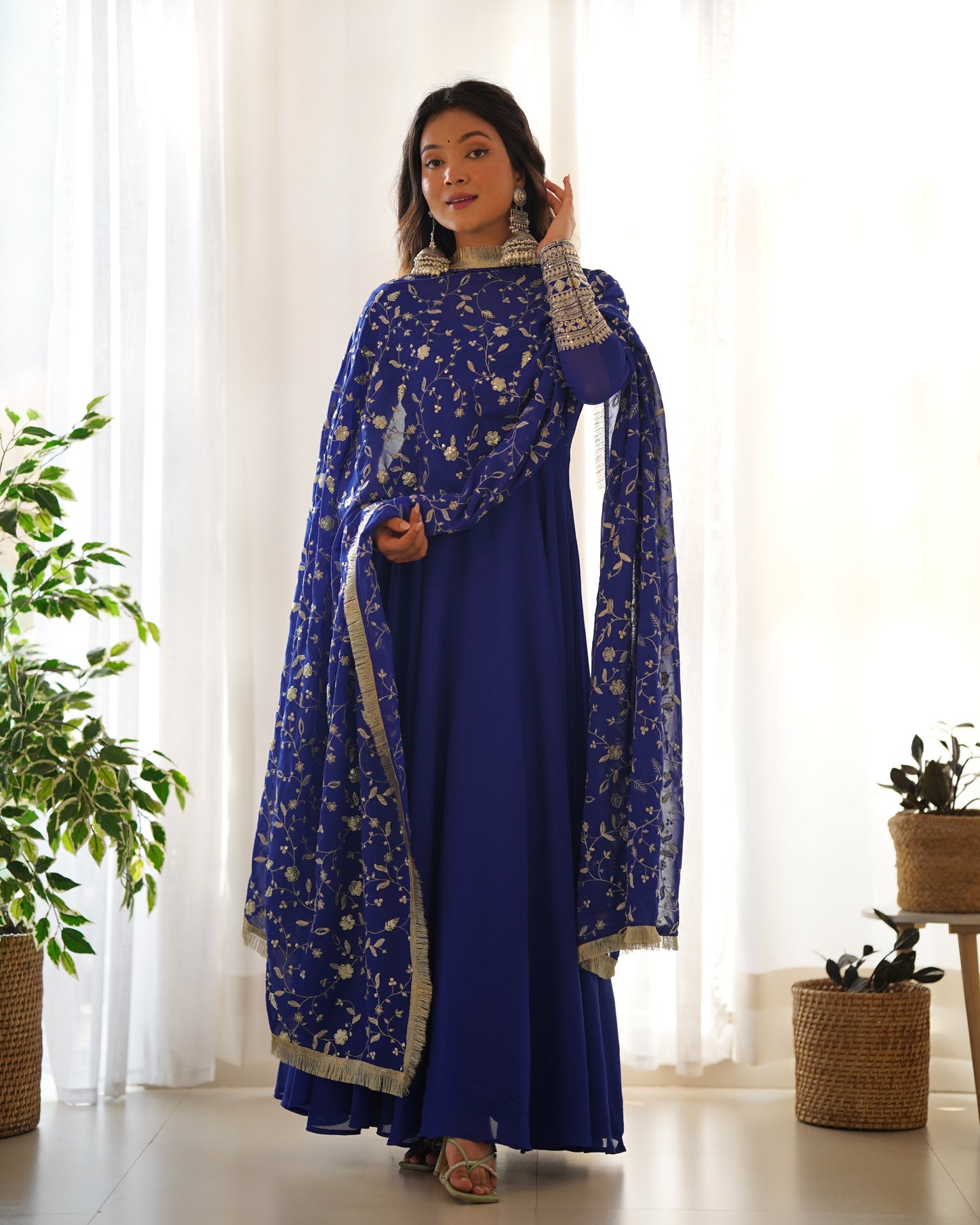 Wine Colour Full Stiched Georgette Party Wear Gown With Embroidery And Sequence Worked Designer Duppata