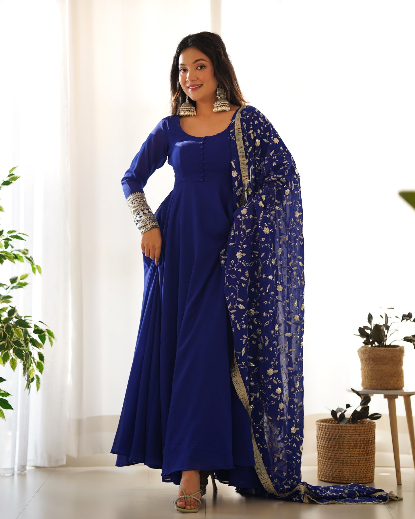 Wine Colour Full Stiched Georgette Party Wear Gown With Embroidery And Sequence Worked Designer Duppata