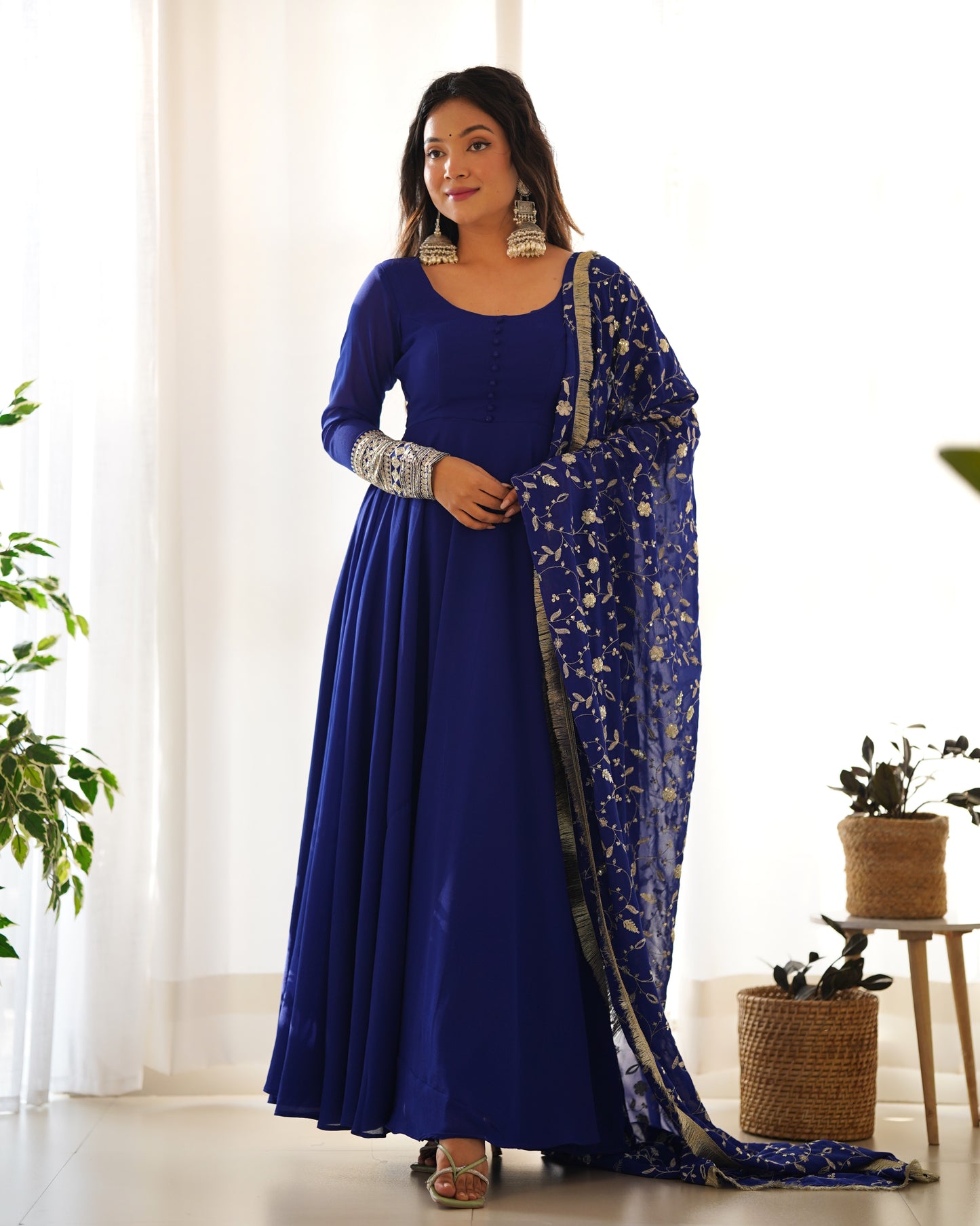 Wine Colour Full Stiched Georgette Party Wear Gown With Embroidery And Sequence Worked Designer Duppata