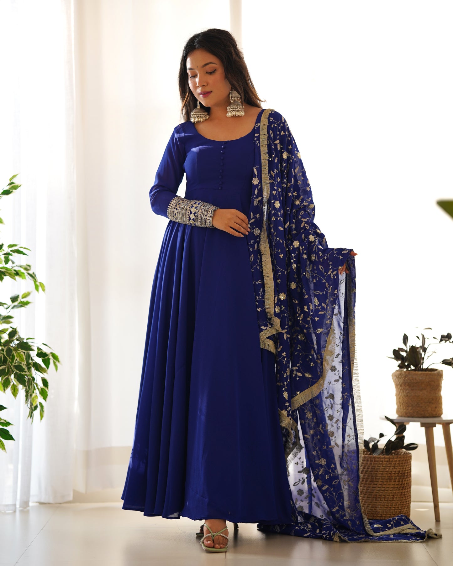 Wine Colour Full Stiched Georgette Party Wear Gown With Embroidery And Sequence Worked Designer Duppata