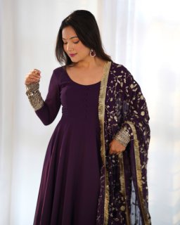 Wine Colour Full Stiched Georgette Party Wear Gown With Embroidery And Sequence Worked Designer Duppata