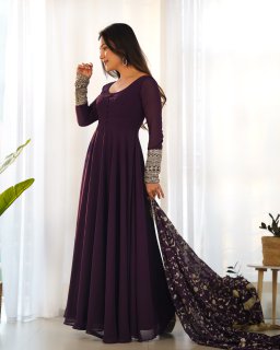 Wine Colour Full Stiched Georgette Party Wear Gown With Embroidery And Sequence Worked Designer Duppata
