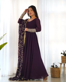 Wine Colour Full Stiched Georgette Party Wear Gown With Embroidery And Sequence Worked Designer Duppata