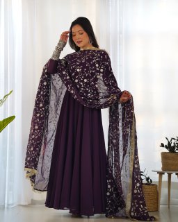 Wine Colour Full Stiched Georgette Party Wear Gown With Embroidery And Sequence Worked Designer Duppata