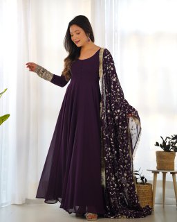 Wine Colour Full Stiched Georgette Party Wear Gown With Embroidery And Sequence Worked Designer Duppata