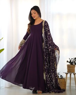Wine Colour Full Stiched Georgette Party Wear Gown With Embroidery And Sequence Worked Designer Duppata