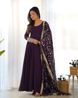 Wine Colour Full Stiched Georgette Party Wear Gown With Embroidery And Sequence Worked Designer Duppata