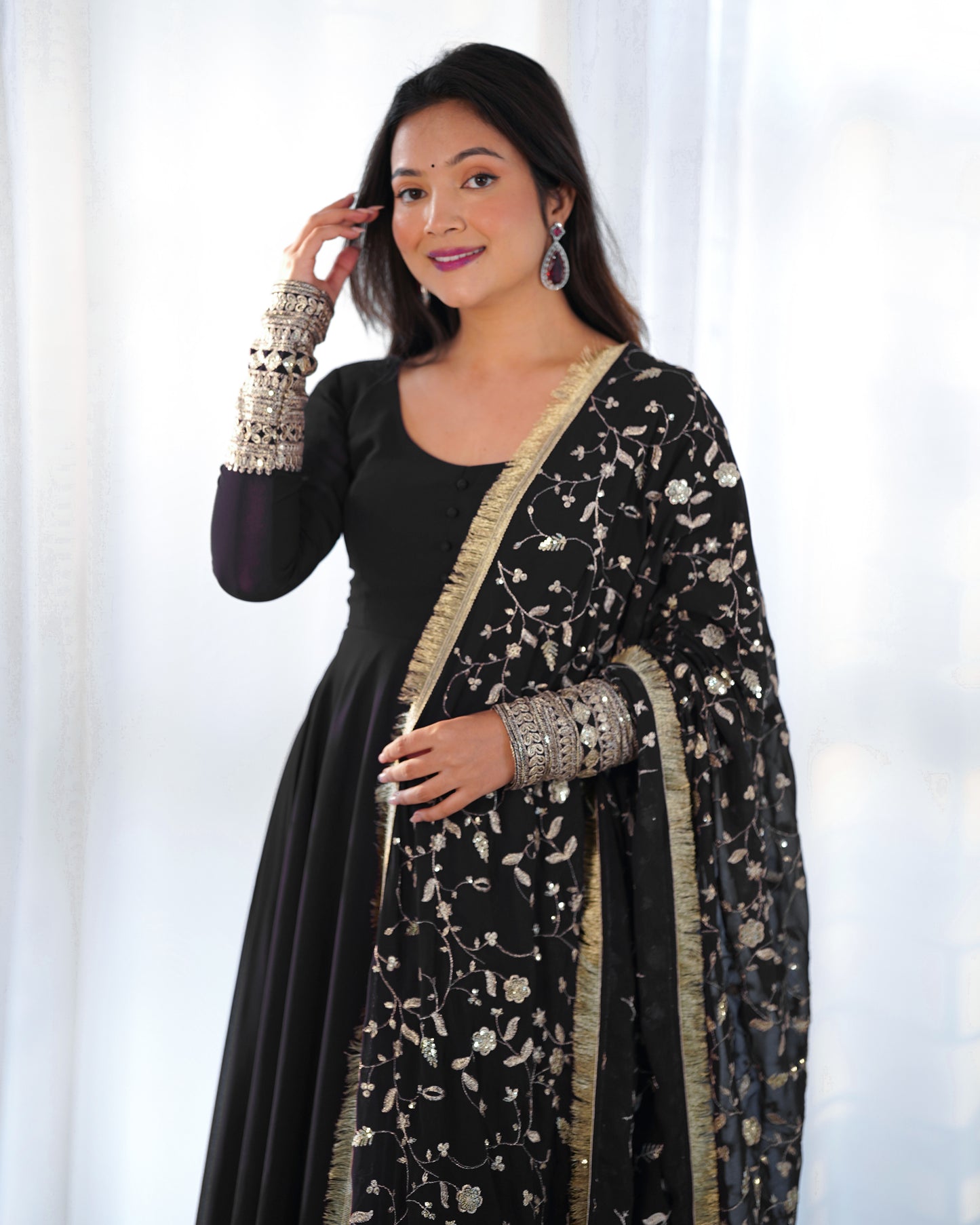 Wine Colour Full Stiched Georgette Party Wear Gown With Embroidery And Sequence Worked Designer Duppata