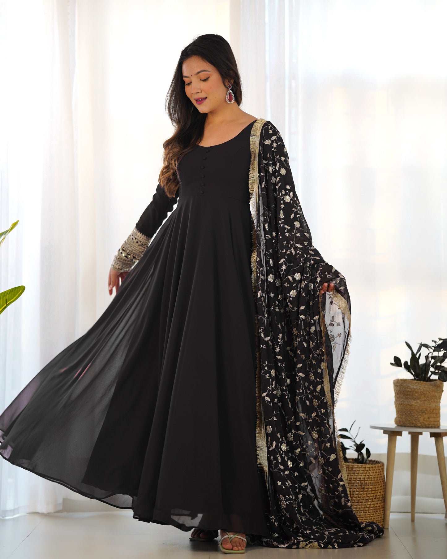 Wine Colour Full Stiched Georgette Party Wear Gown With Embroidery And Sequence Worked Designer Duppata