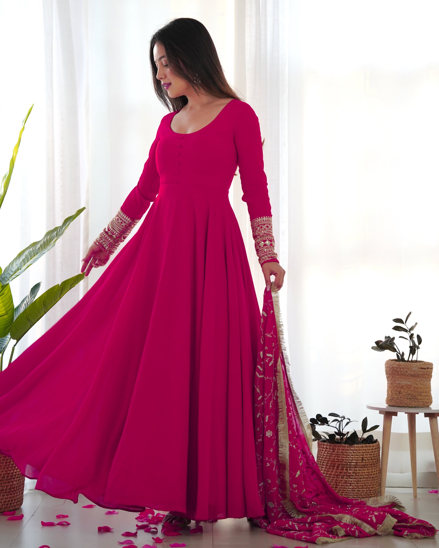 Wine Colour Full Stiched Georgette Party Wear Gown With Embroidery And Sequence Worked Designer Duppata