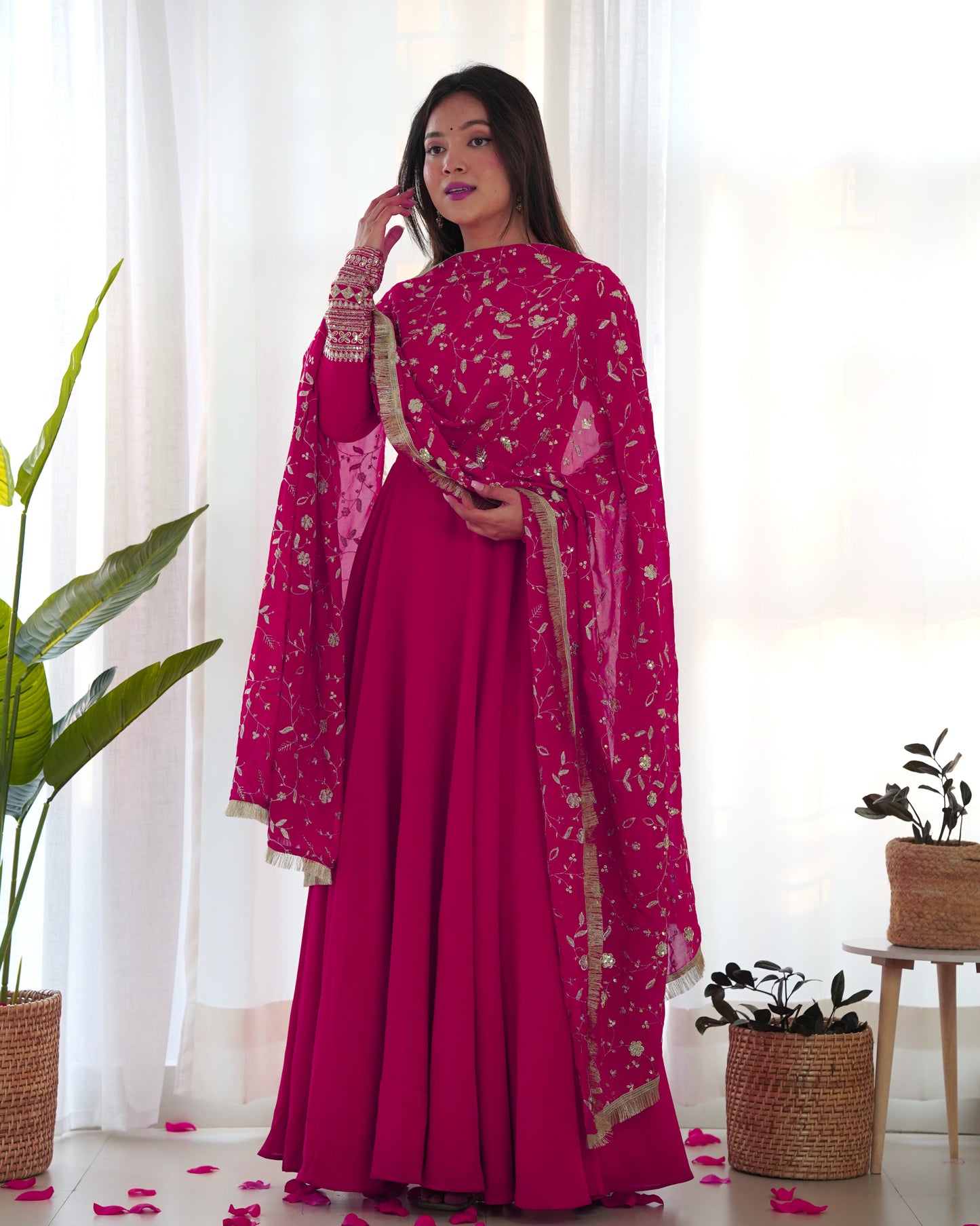 Wine Colour Full Stiched Georgette Party Wear Gown With Embroidery And Sequence Worked Designer Duppata