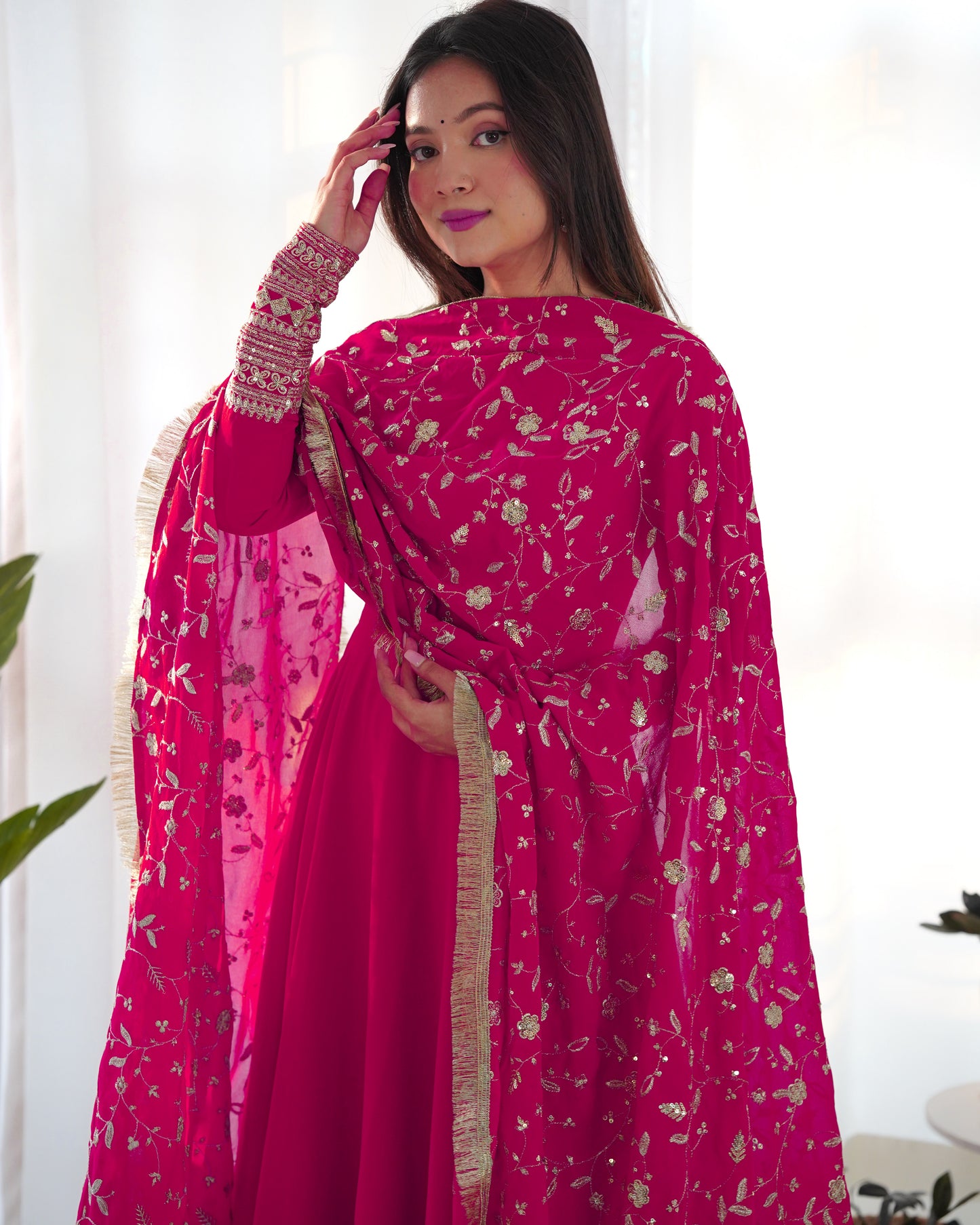 Wine Colour Full Stiched Georgette Party Wear Gown With Embroidery And Sequence Worked Designer Duppata