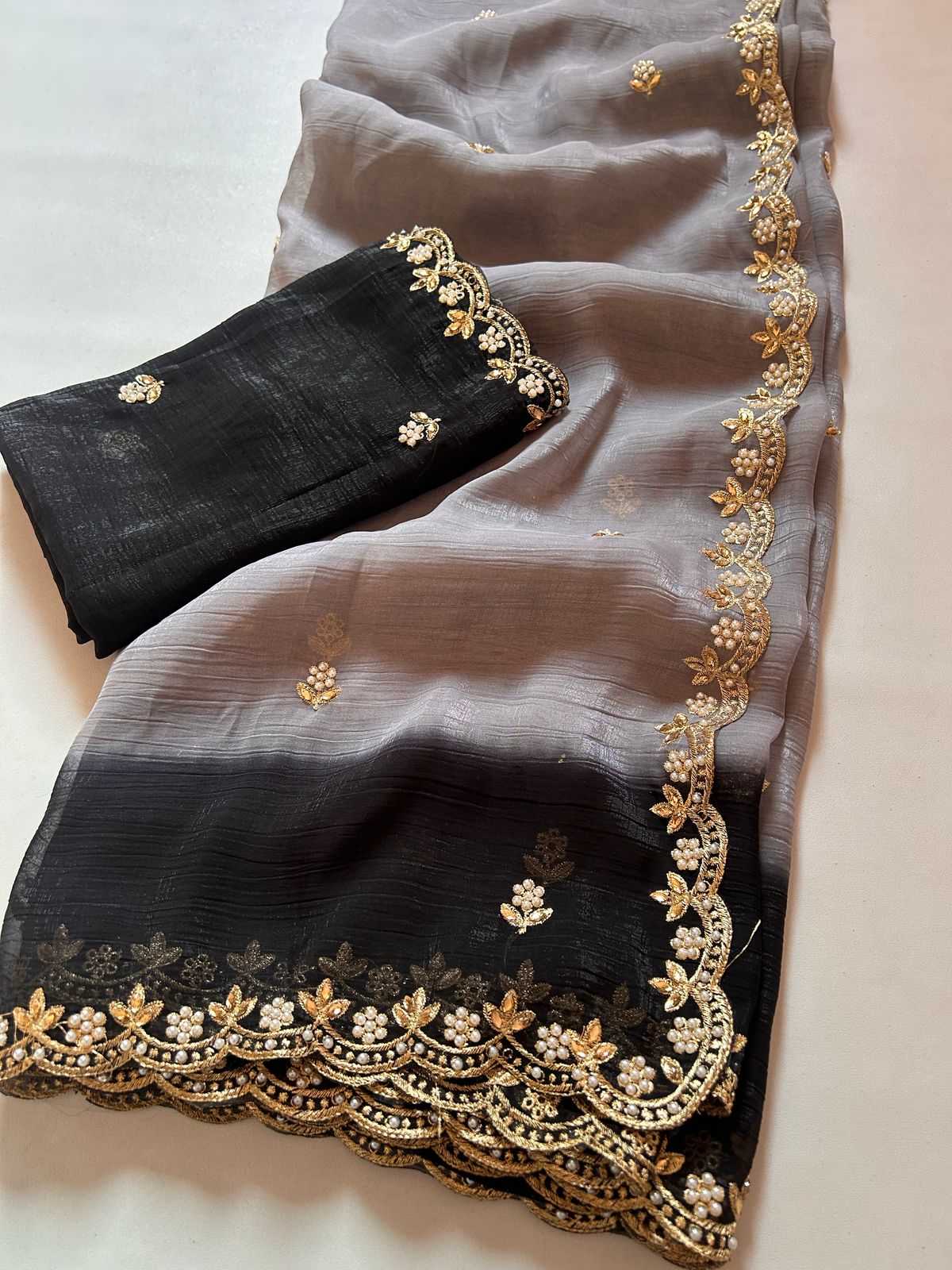 crunchy crush saree with embroidery butti & DESGINER embroidered border saree