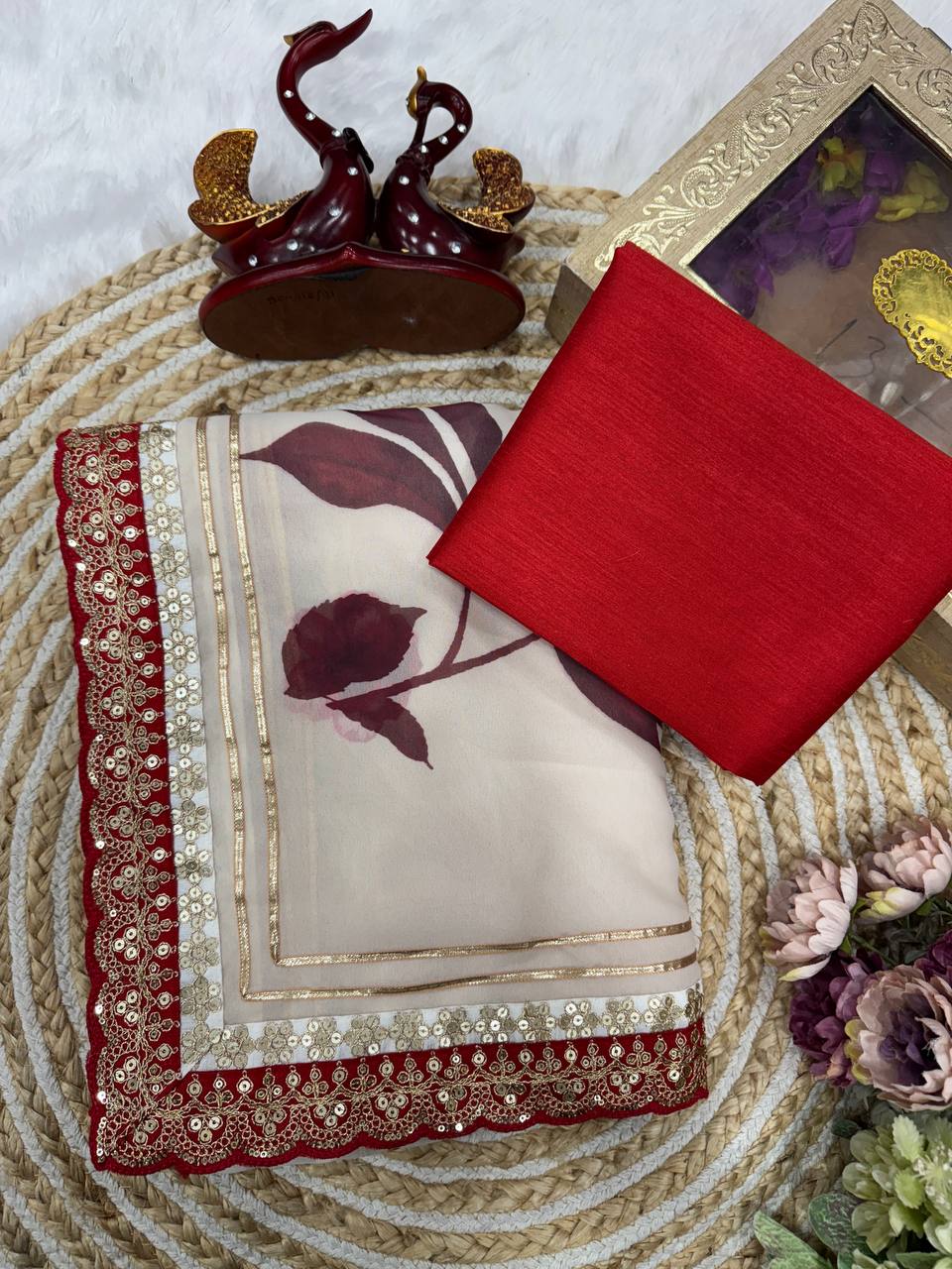 Premium Soft Georgette Floral Saree with Sequins, Cording Embroidery & Gota Patti