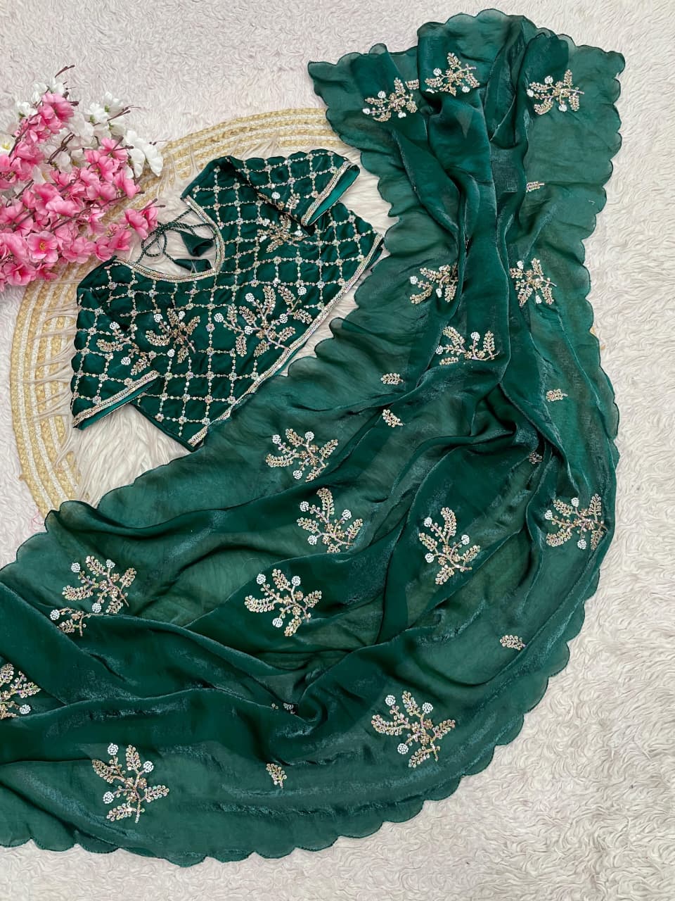 Designer Fandy Satin Saree Set with Stitched Brits Work Blouse
