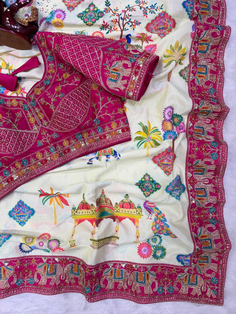 Elegant Printed Chinnon Silk Saree with Sequin Embroidery Work Stich Blouse