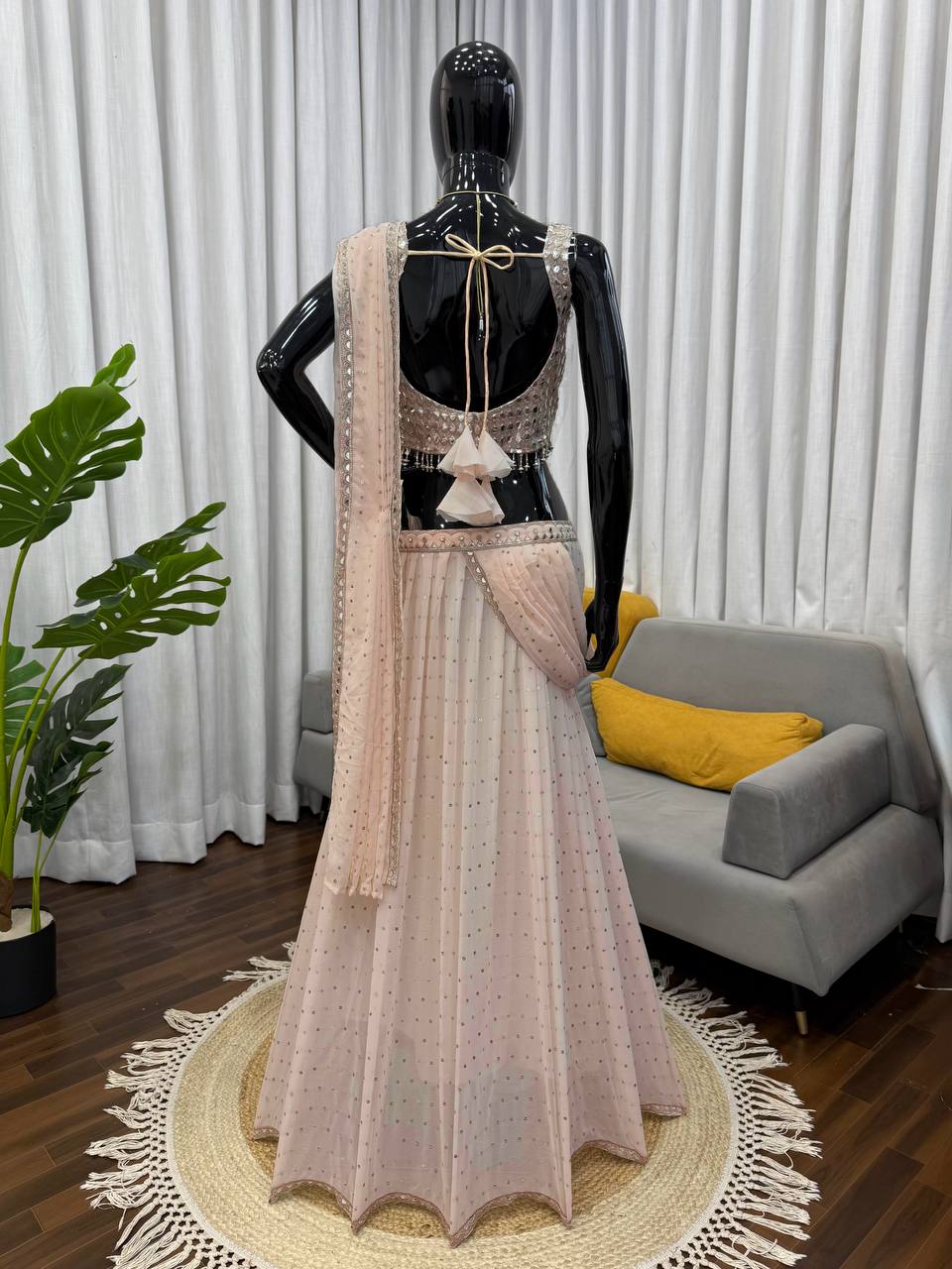 Cream Colour Thead Work Georgette Wedding Wear Lehenga Saree