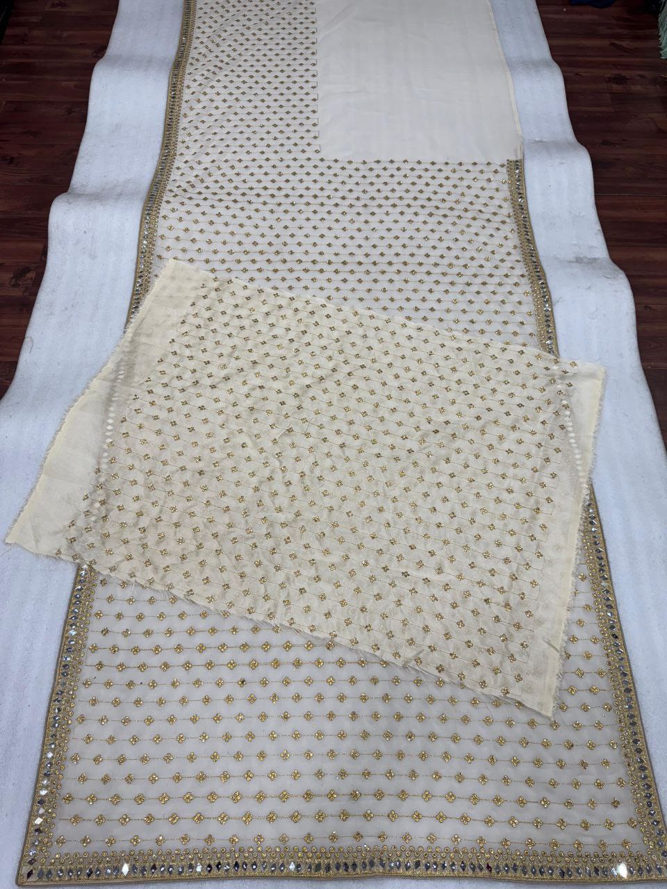 Cream Colour Georgette Sequence Worked Bollywood Style Designer Saree