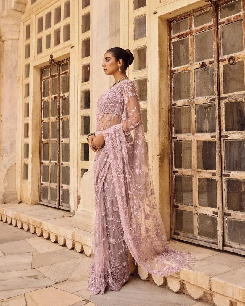 Glemorous Pink Soft Net Sequence Embroidary Worked Saree With Designer Blouse