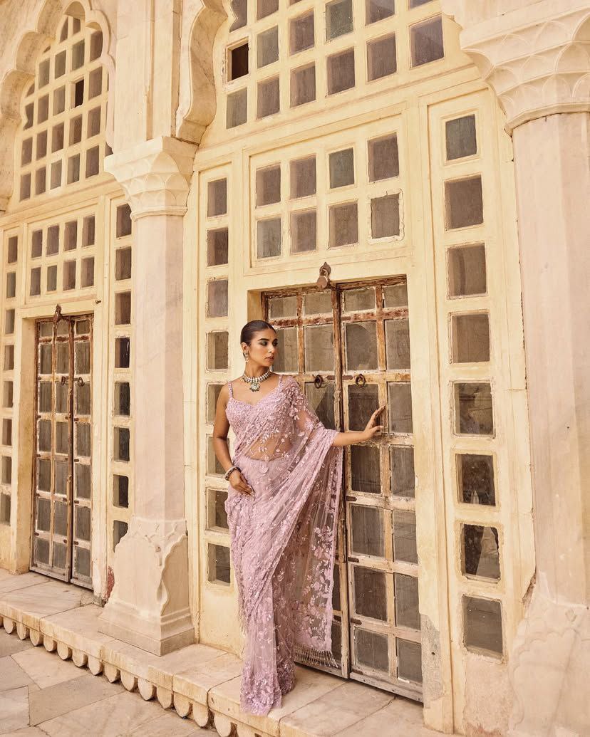 Glemorous Pink Soft Net Sequence Embroidary Worked Saree With Designer Blouse