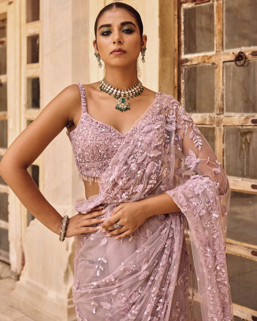Glemorous Pink Soft Net Sequence Embroidary Worked Saree With Designer Blouse