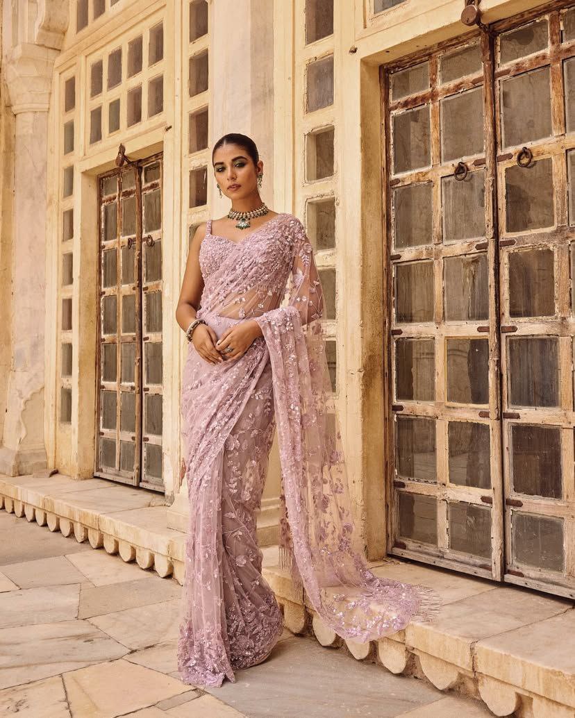 Glemorous Pink Soft Net Sequence Embroidary Worked Saree With Designer Blouse
