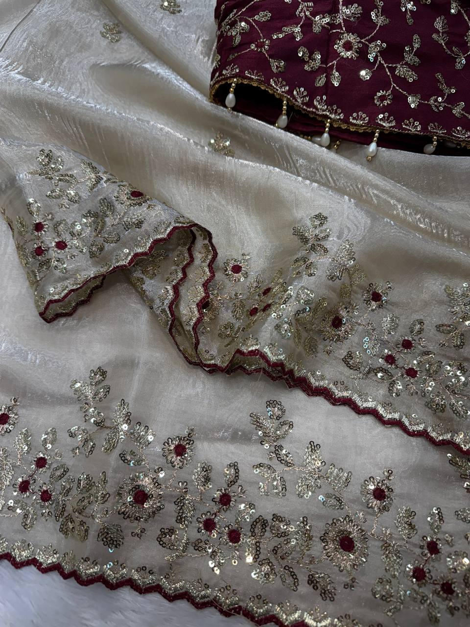 Premium Jimmy Chu Saree with Heavy Sequins Stiched Blouse