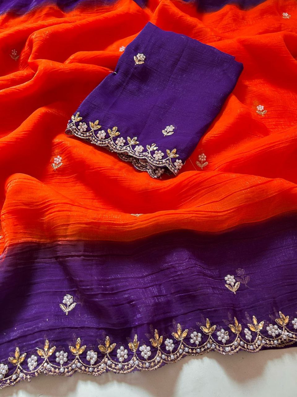 New Fancy Chiffon Crush Silk Embroidery Worked Saree With Cut Worked