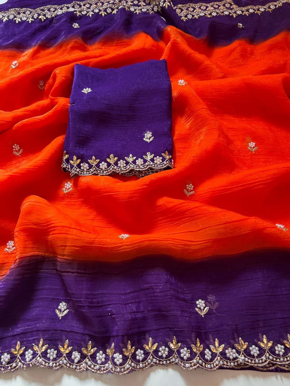New Fancy Chiffon Crush Silk Embroidery Worked Saree With Cut Worked