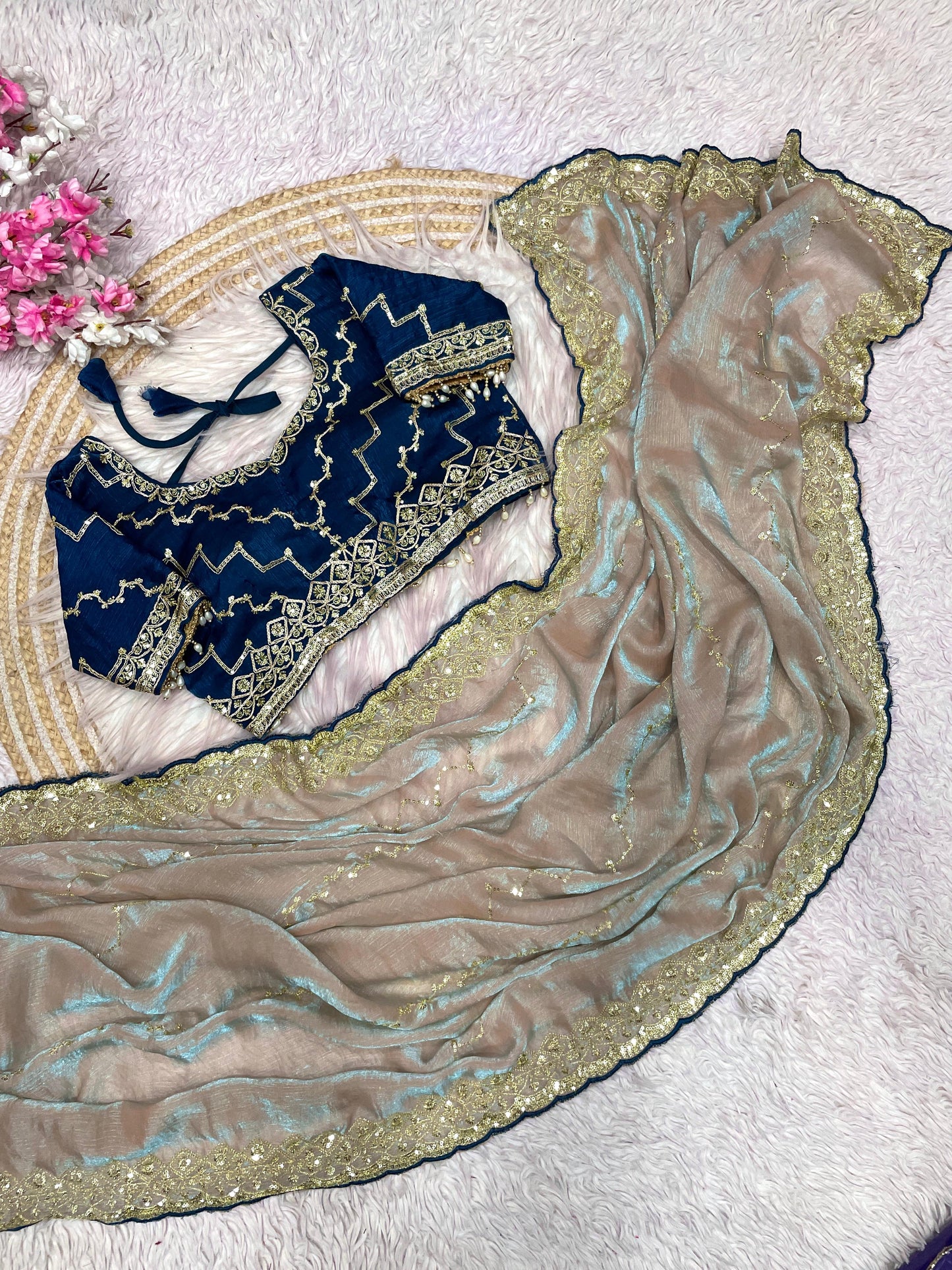 Elegant Fendy Chiffon Saree with Sequins & Coding Embroidery And Stich Blouse