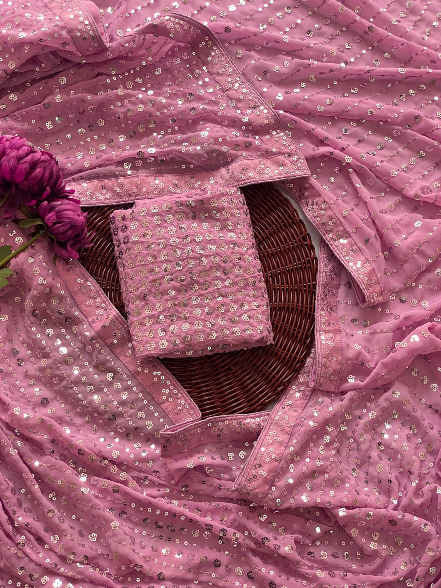 Hot Pink Georgette Sequence Embroidery Worked Beautiful Designer Saree