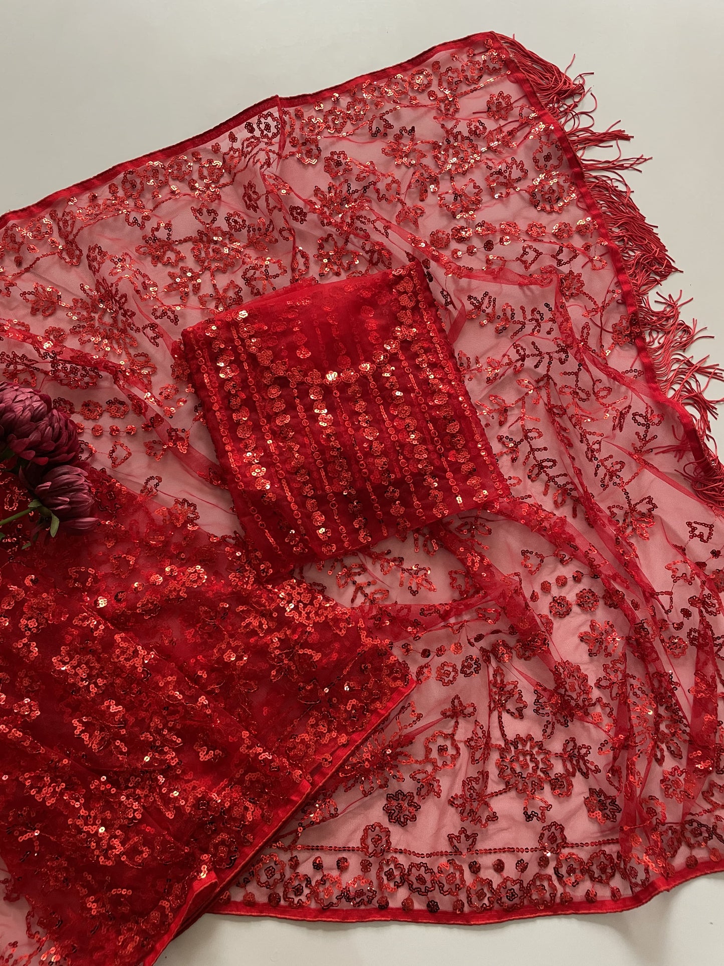 Elegant Soft Net Sequence Embroidery Worked Saree With Designer Blouse