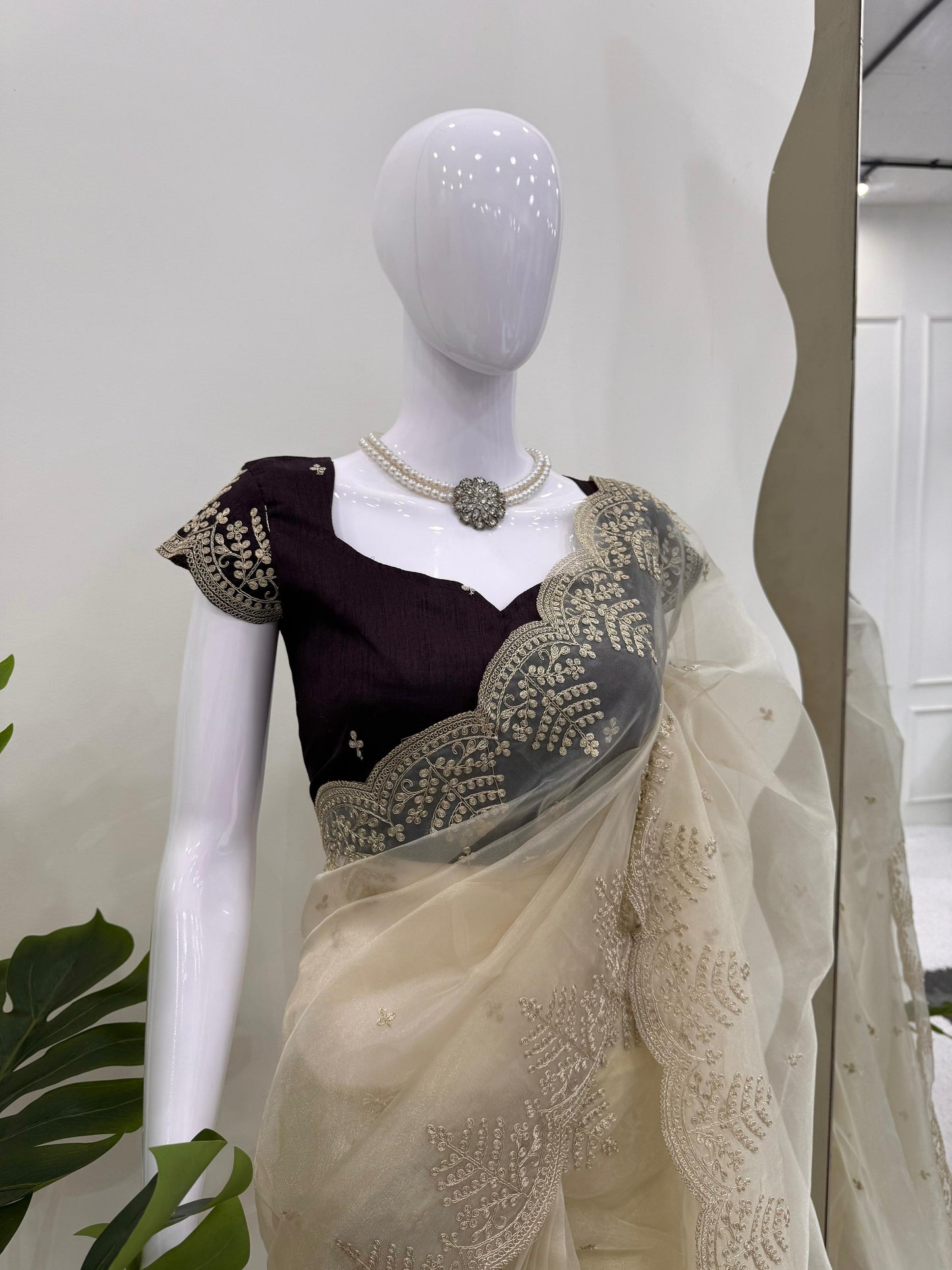 Cream Colour Organza Silk Embroidery Work Fastival Wear Saree With Designer Blouse