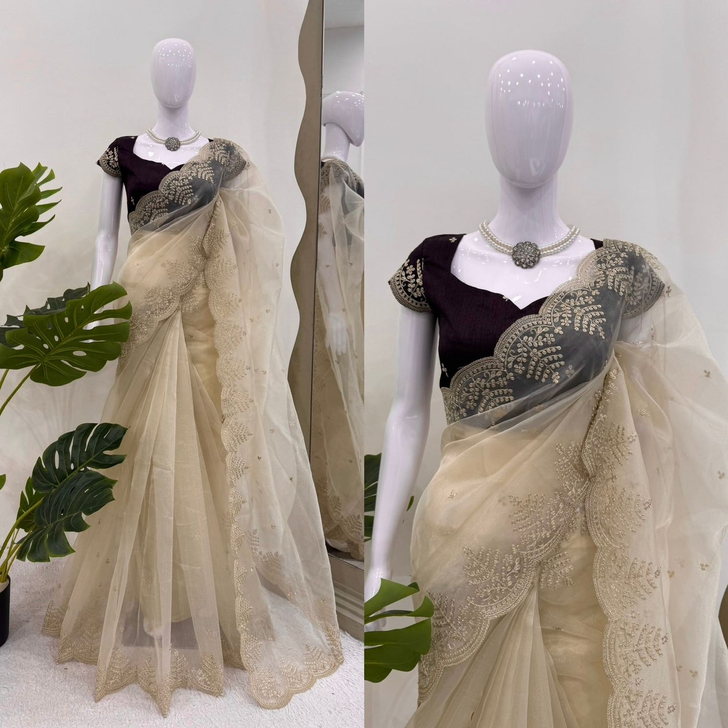 Cream Colour Organza Silk Embroidery Work Fastival Wear Saree With Designer Blouse