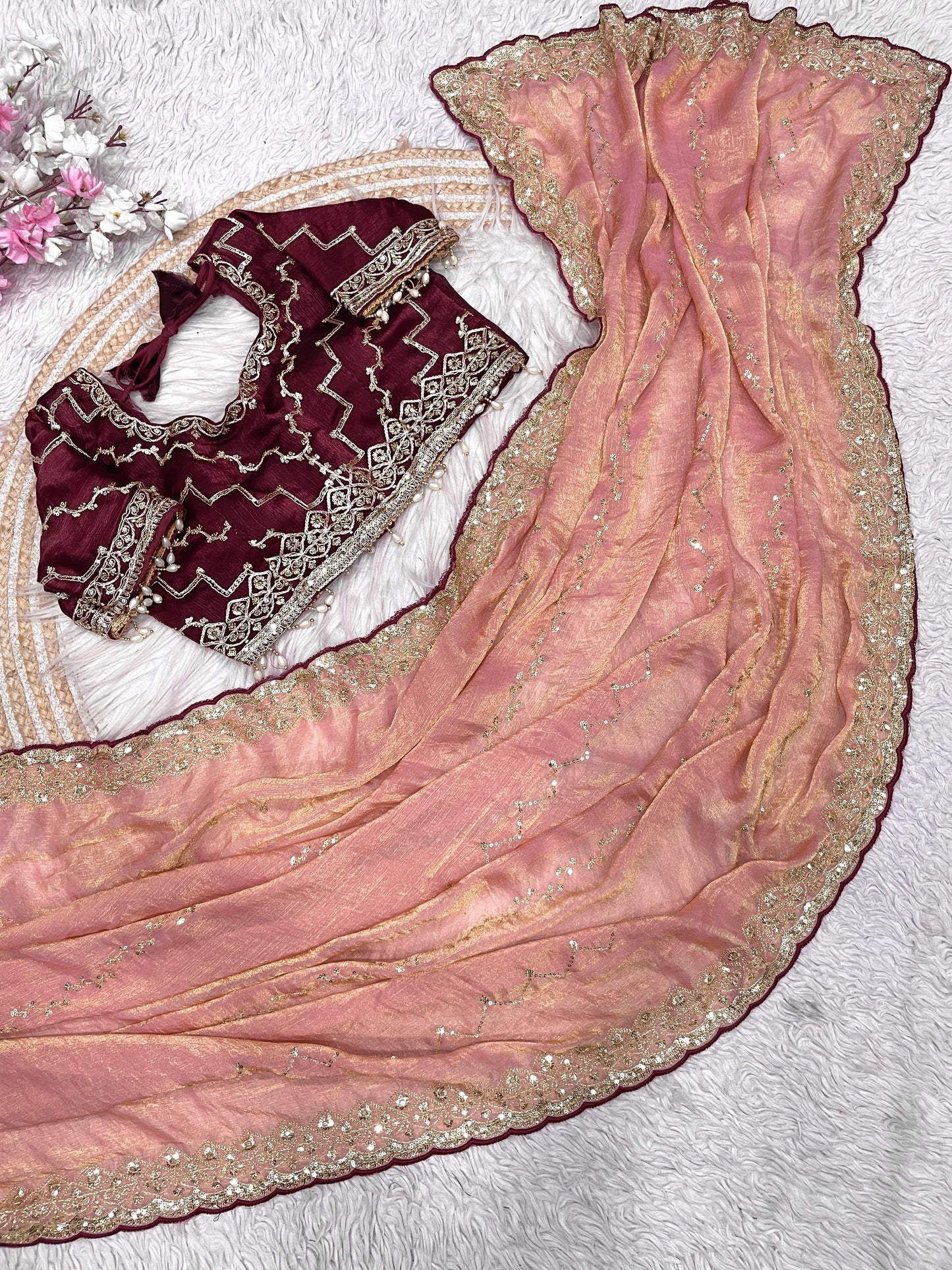 Elegant Fendy Chiffon Saree with Sequins & Coding Embroidery And Stich Blouse
