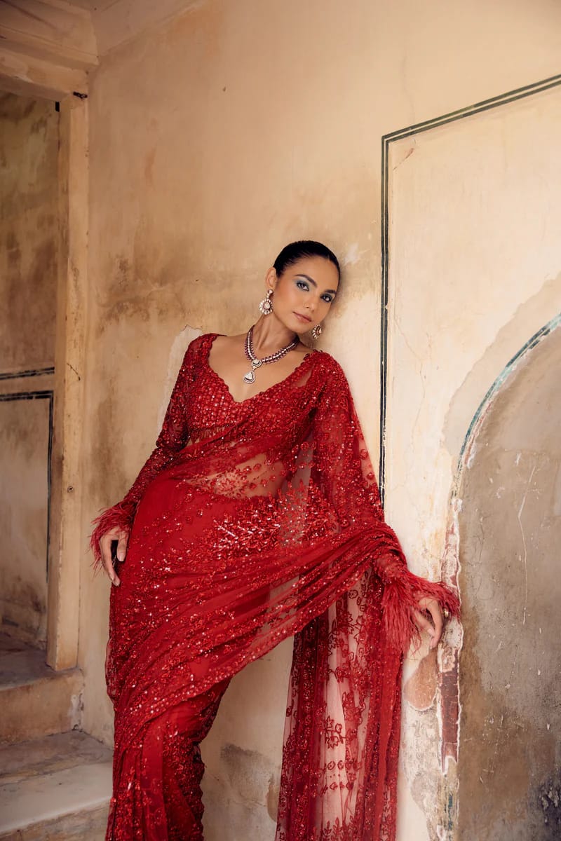 Elegant Soft Net Sequence Embroidery Worked Saree With Designer Blouse