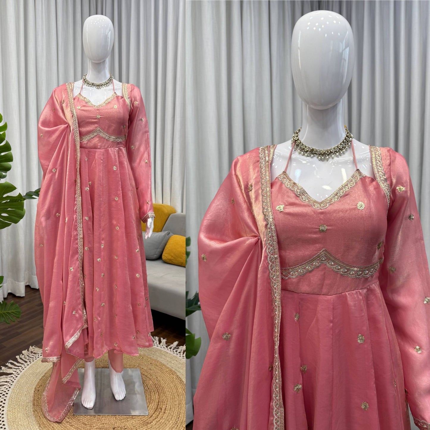 Peach Colour Fendy Silk Full Stiched Embroidery Work Party Wear Gown