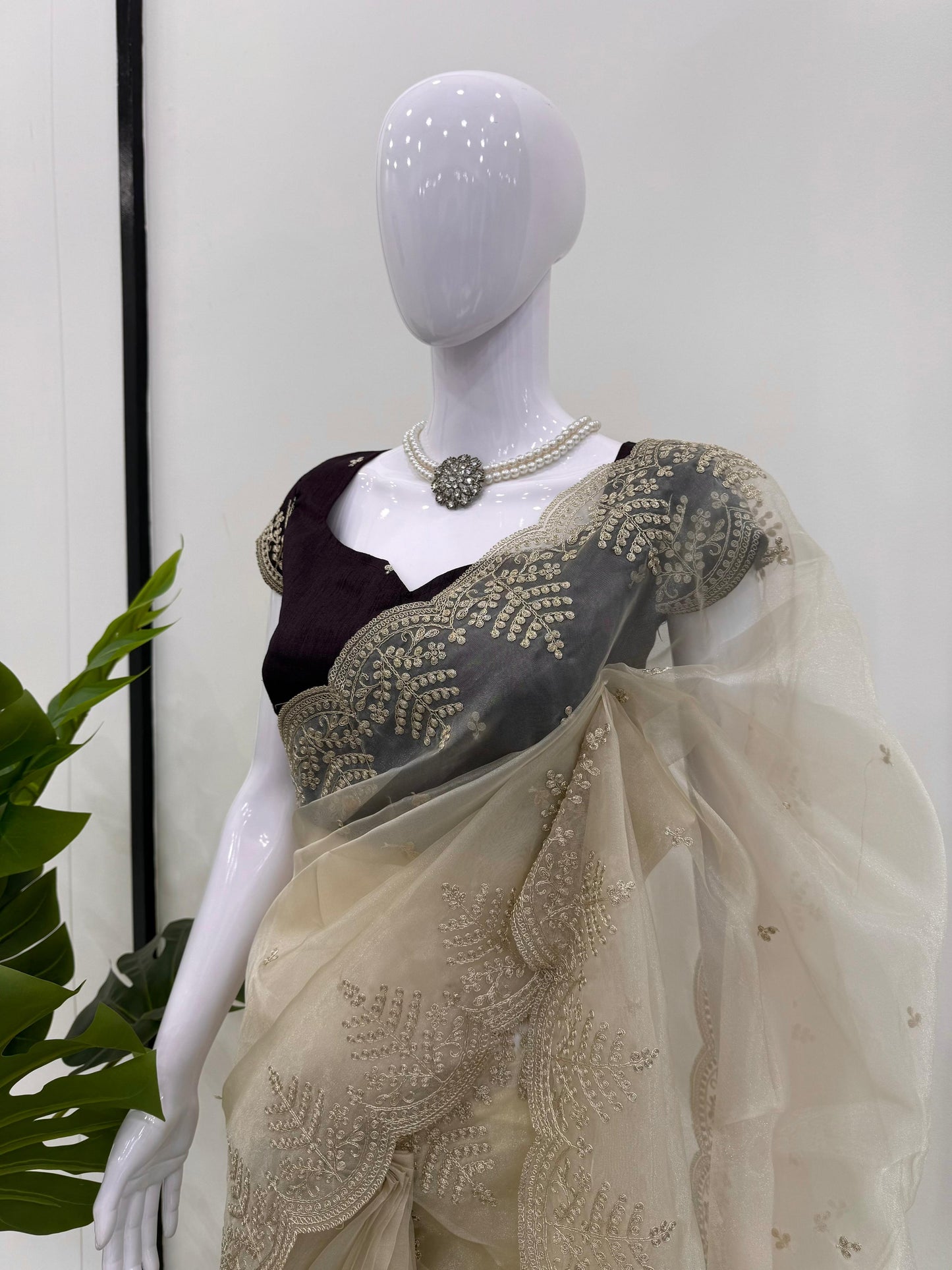 Cream Colour Organza Silk Embroidery Work Fastival Wear Saree With Designer Blouse
